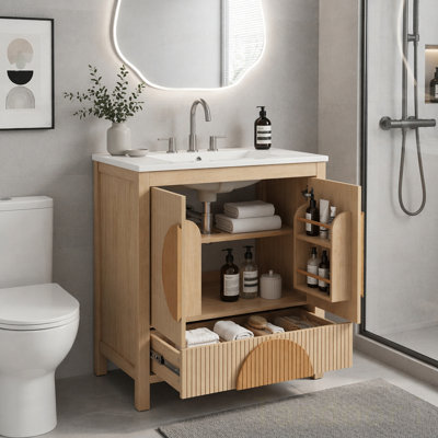 Meuble-lavabo cannelé avec évier - Armoire en bois moderne autoportante avec portes à fermeture en douceur, 1 tiroir et rangement ouvert, décoration circulaire décorative, bois massif et panneau de fibres à densité moyenne