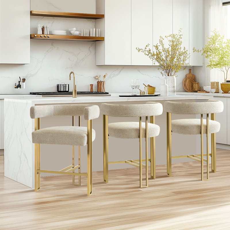 25" Upholstered Gold Chenille Arm Counter Stool (Set Of 3), Oatmeal