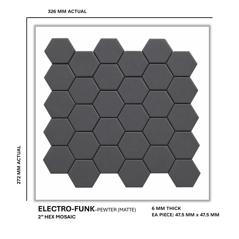 Electro-Funk Matte 2'' W x 2'' L Porcelain Tile Hexagon Mosaic Sheet, Pewter