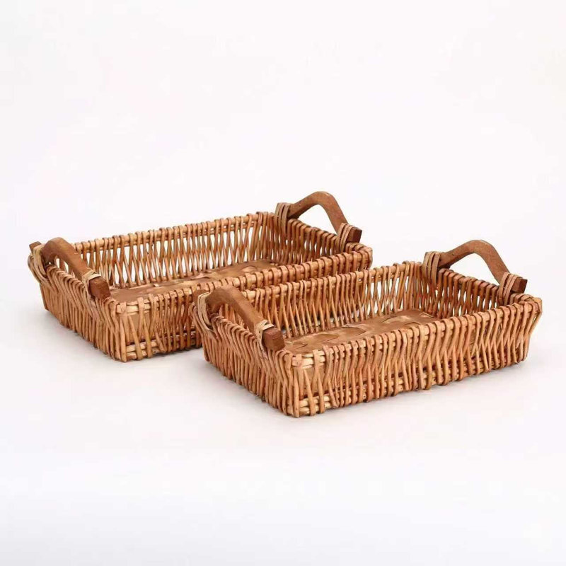 Set of 2 Handwoven Willow Storage Baskets with Wood Base & Handles for Entryway, Coffee Table, Bedroom, Natural