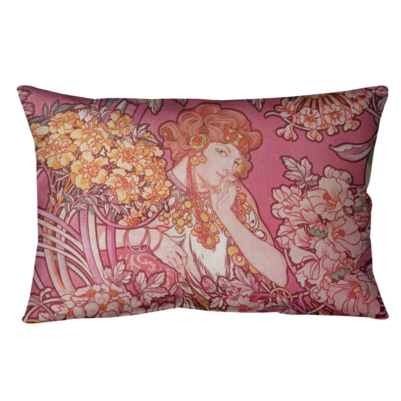Coussin lombaire à fleurs alphonse mucha, Rose, Polyester sergé