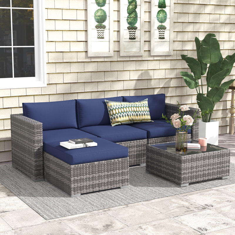 Abler 3-Person Wicker Modular Patio Conversation Set with Cushions, Brown/Navy