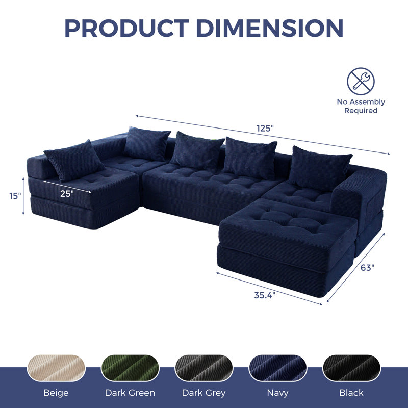 Boneless U Shaped Modular Sectional Sofa Couch, 15" H x 125" W x 63" D, Blue Corduroy