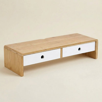 Natural Bamboo Computer Monitor Stand Ostos Riser For Desk With 2 Storage Drawers