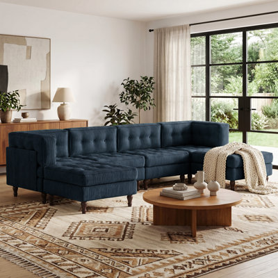 6 - Piece Upholstered Navy Tufted Corduroy Modular Sectional with Pillow Back and Two Removable Flip-Tray Top Storage Ottoman