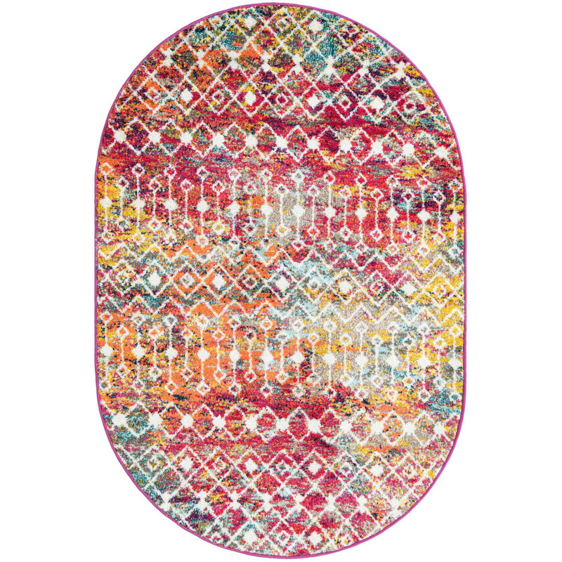 Tapis en chenille / polyester tissé à la machine à motif géométrique rose / jaune / blanc Briehn, Ovale 4 pi x 6 pi