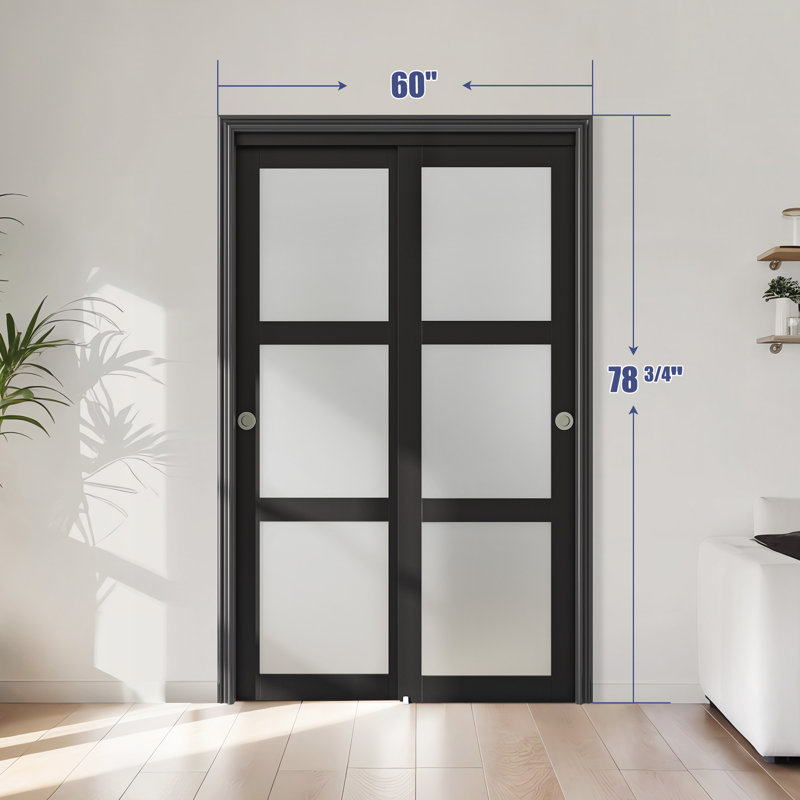 Portes de placard coulissantes noires 60 po x 80 po avec ensemble de quincaillerie en verre givré 3-Lite et quincaillerie