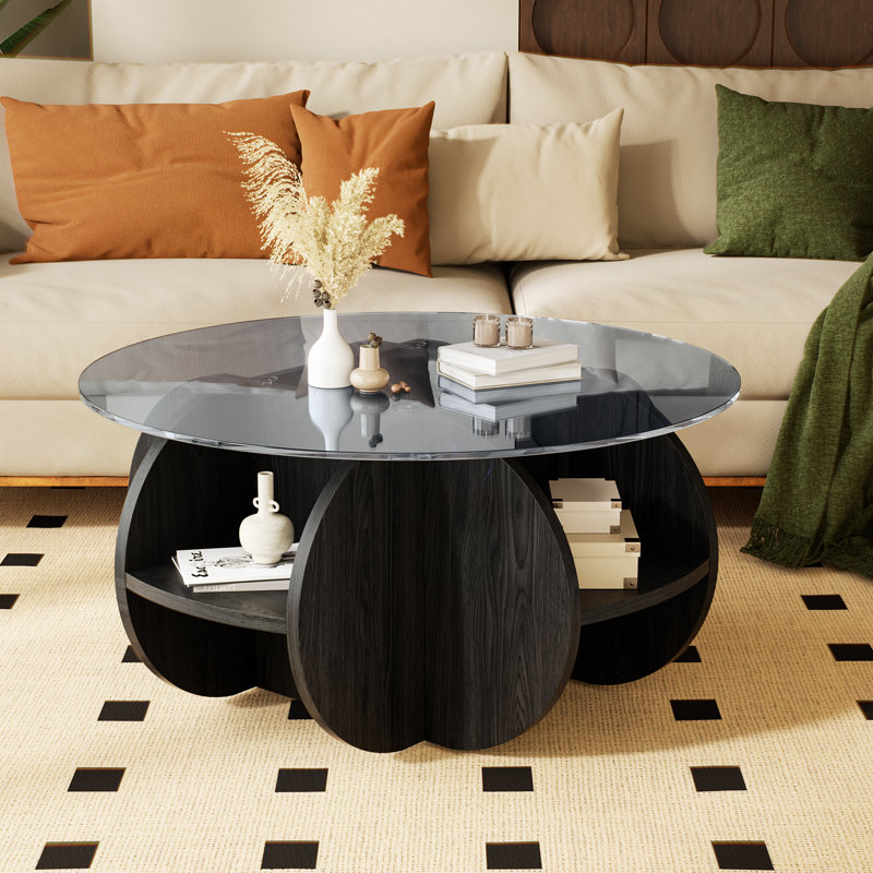 Table basse à plateau rond en verre trempé de 31,5 po avec cadre en MDF et table à 4 tablettes, Noir