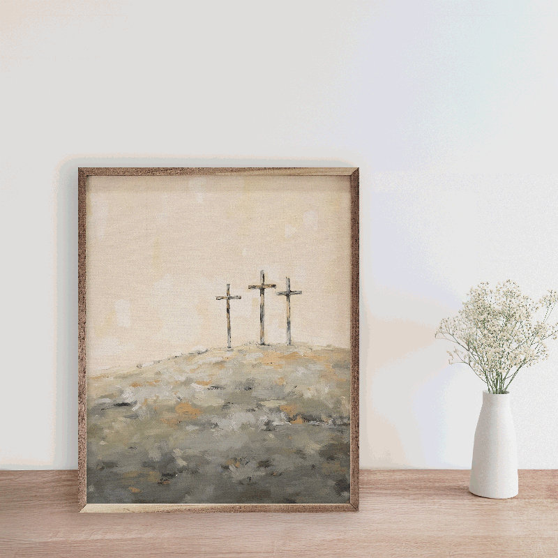 Trois croix sur une colline, H 40 po x l 32 po