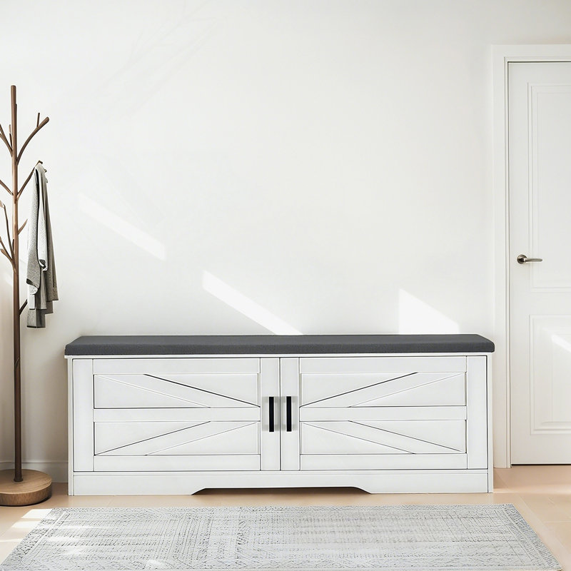 2-Tier Storage Bench, Farmhouse Shoe Bench With Padded Seat Cushion, Entryway Bench With 2 Barn Doors & 2 Adjustable Shelves