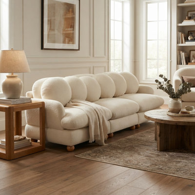Ensemble de canapés modulaires 3 places en chenille pour salon, avec assises profondes et coussins de dossier ronds, couleur crème ivoire