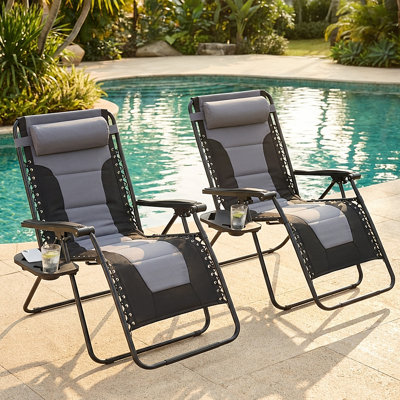 Padded Zero Gravity Chair Set Of 2 With Cup Holder, Portable Folding Patio Chair For Camping/Beach, Outdoor Reclining Lounge Chair