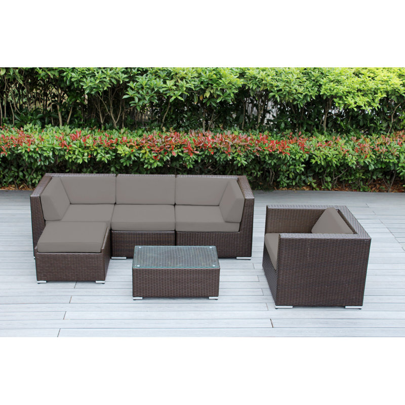 Ensemble de conversation en osier pour 5 personnes avec coussins Lumini, Toile Sunbrella® taupe