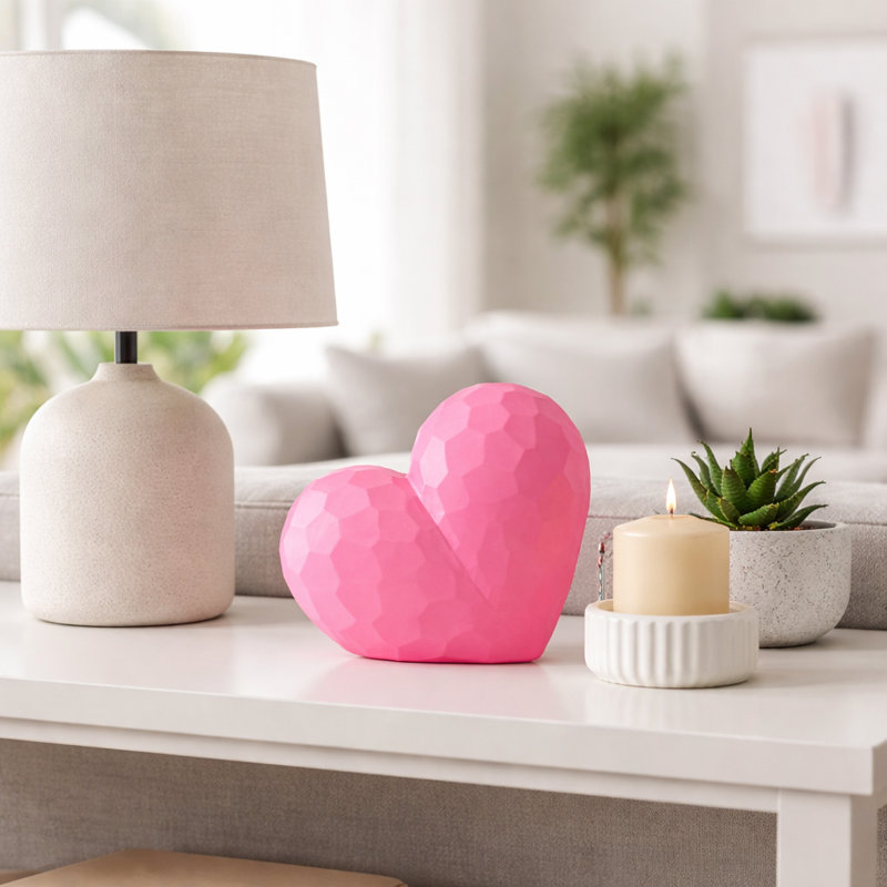 Decorative Resin Heart Shaped Object for Home Decor - Modern Hand-Painted Tabletop Accent Piece for Coffee Table or Living Room Decoration - 9", Pink