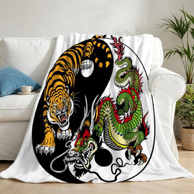 Jeté noir en flanelle de polaire ultra douce, imprimé d'un seul côté, symbole du dragon et du tigre
