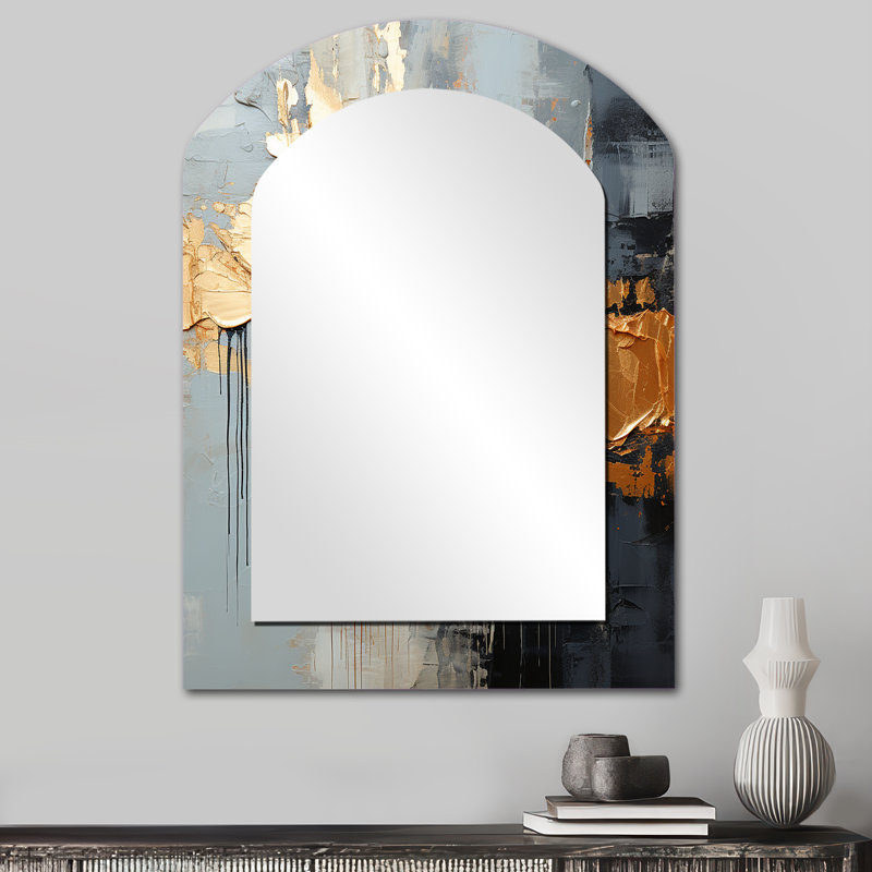 Gold and grey Modern liquid Shapes IV - Shapes Asymmetrical Large Wall Mirror, Modern Arch Unique Mirror, Printed Metal Art