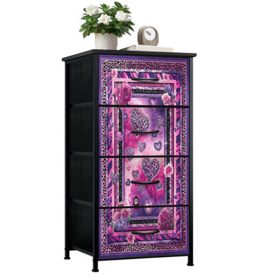 Modern Dresser for Bedroom with 4 Storage Drawers Funky Leopard Abstract Floral Wall Art Neon Glow Dressers Chest of Drawers Steel Framed Fabric Closet Organizers for Dorm Entryway