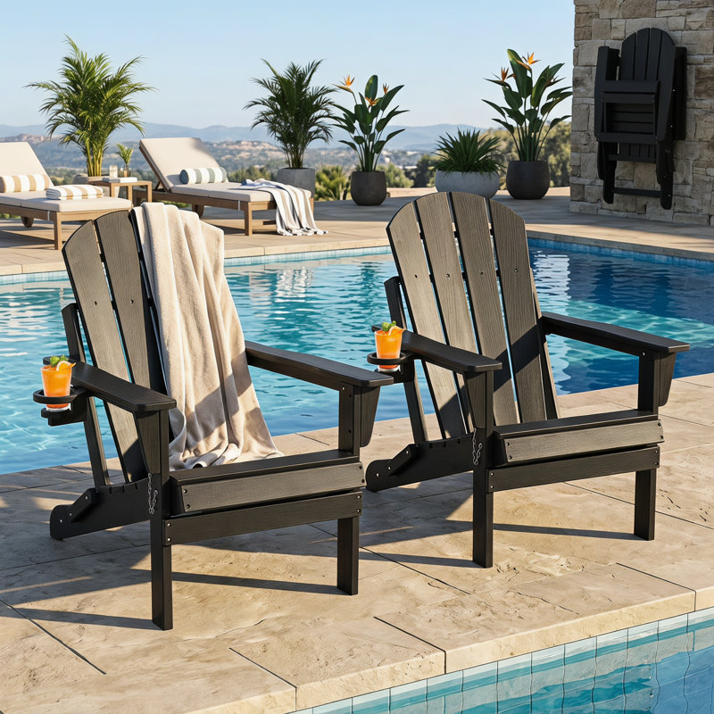 Outdoor HDPE Folding Adirondack Chair , Weather-Resistant Wood-Grain Lounge Chair, Black