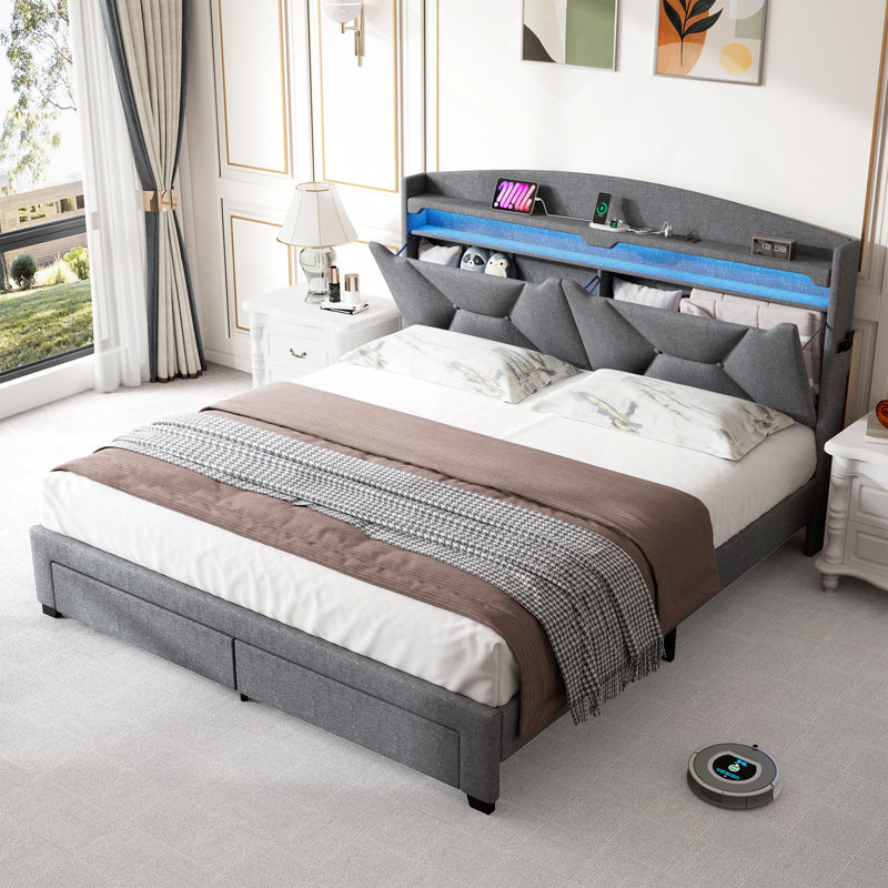 Lit moderne, tête de lit avec rangement, lumières DEL à DEL, Gris
