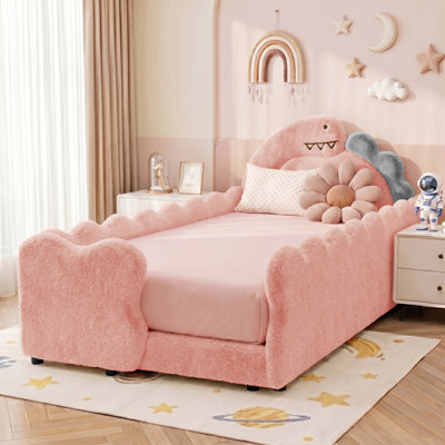 79 Inch Twin Boucle Dinosaur Toddler Platform Bed, Full Surround Safety Guardrails Kids Upholstered Bed Frame, No Box Spring Required for Kids Bedroom