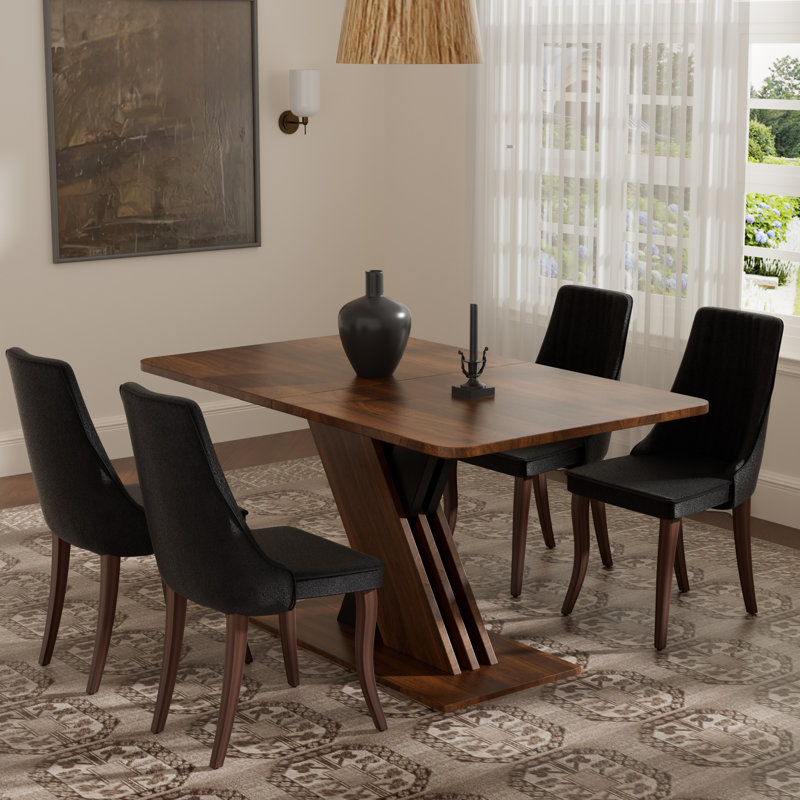 Ensemble de salle à manger rectangulaire à piédestal avec tissu en rayonne, Brun, 5, Noir