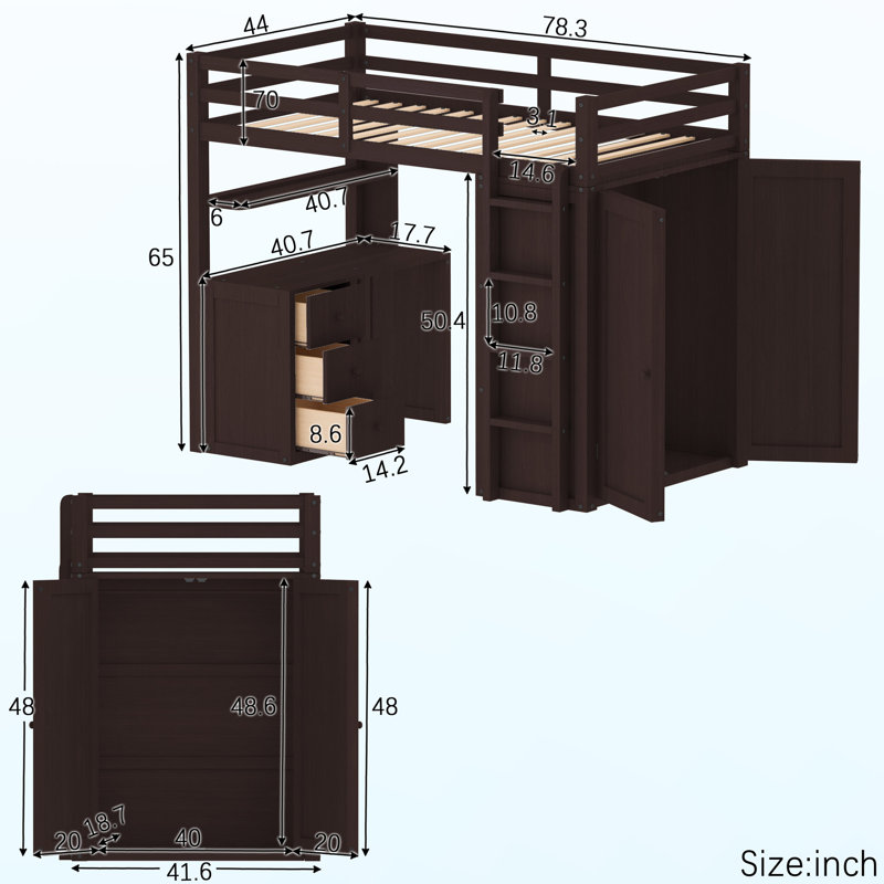 Gerrilyn Kids Twin Loft Bed with Drawers, Espresso