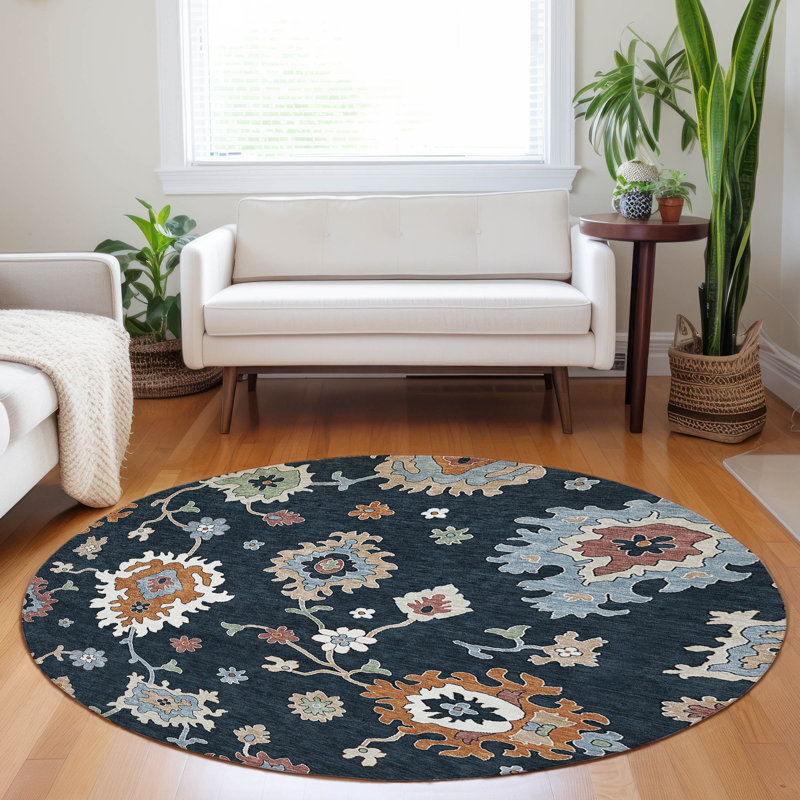 Premium Machine Washable Prisco Black Rug, Round 8'