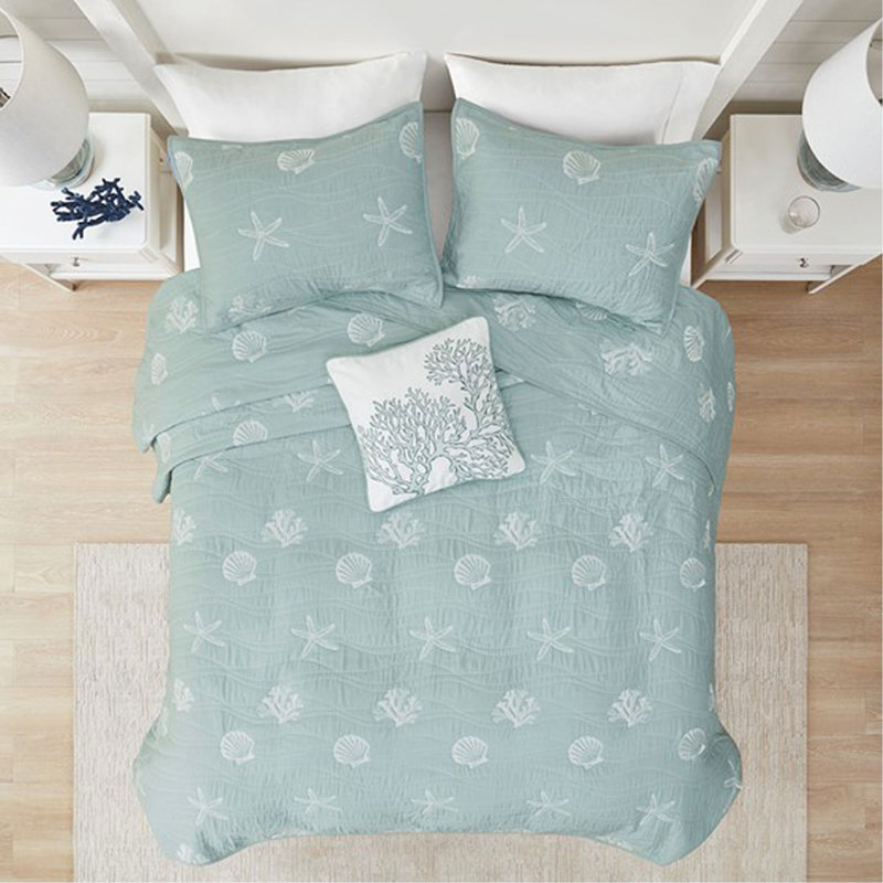 Ensemble de courtepointe brodée réversible en coton 4 pièces avec coussin décoratif double / grand turquoise