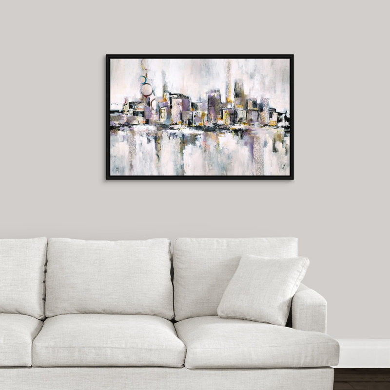 « travers the city », peinture sur toile, H 25,7 po x l 37,7 po x P 1,75 po, Cadre flottant noir