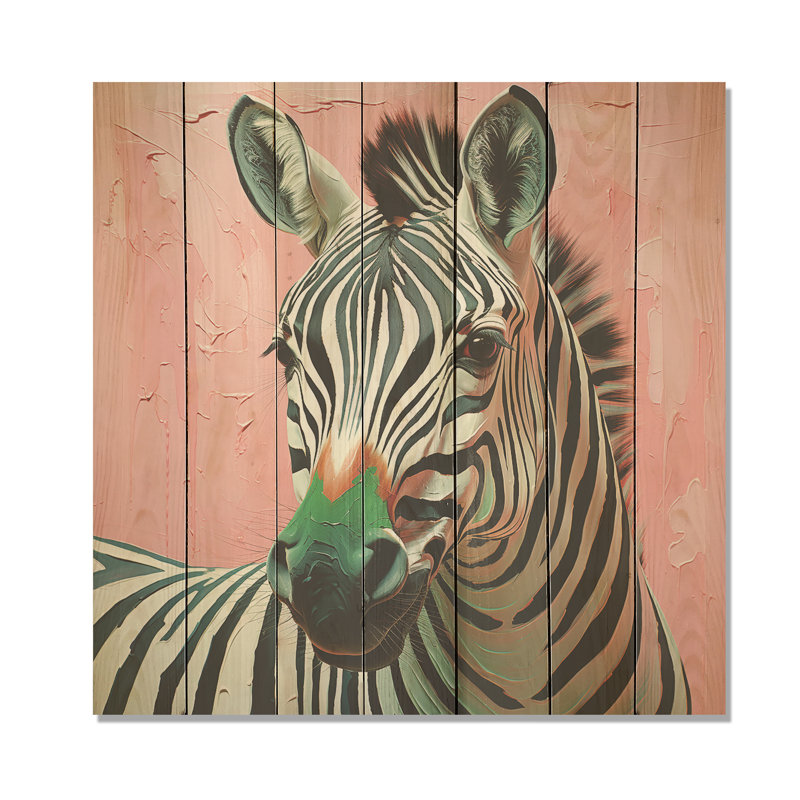 Pink And Green Boho Zebra I - Zebra Animal On Wood Print, 15" H x 15" W