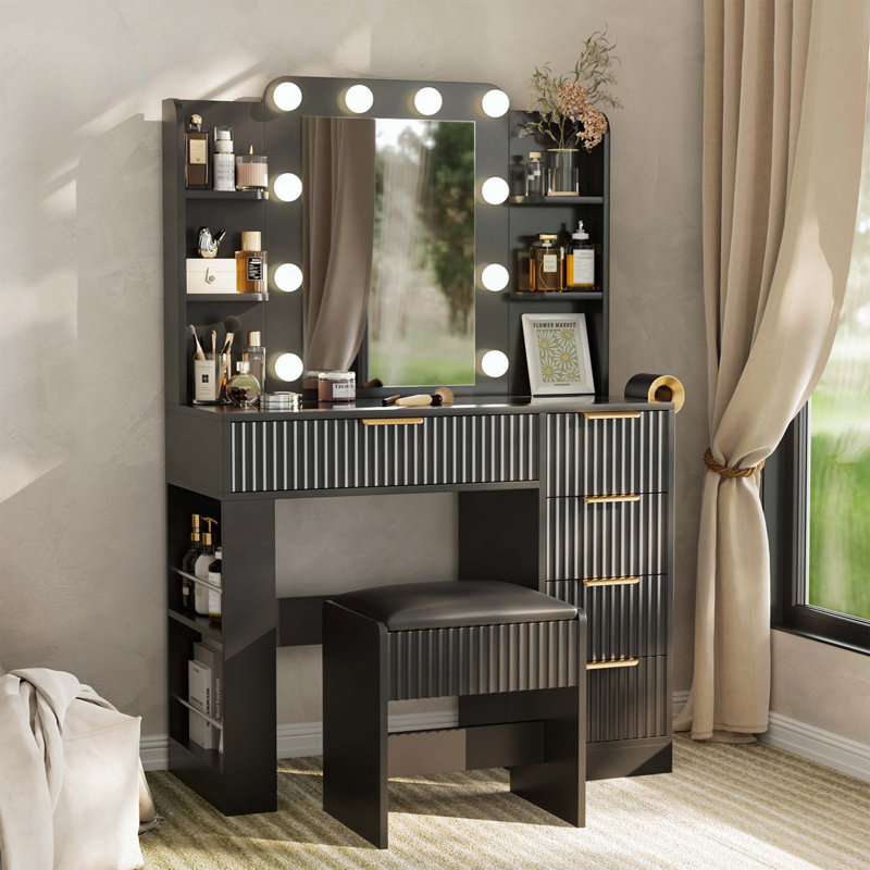 Vanity Table with LED Mirror, Charging Station, 5 Drawers and Stool, Black