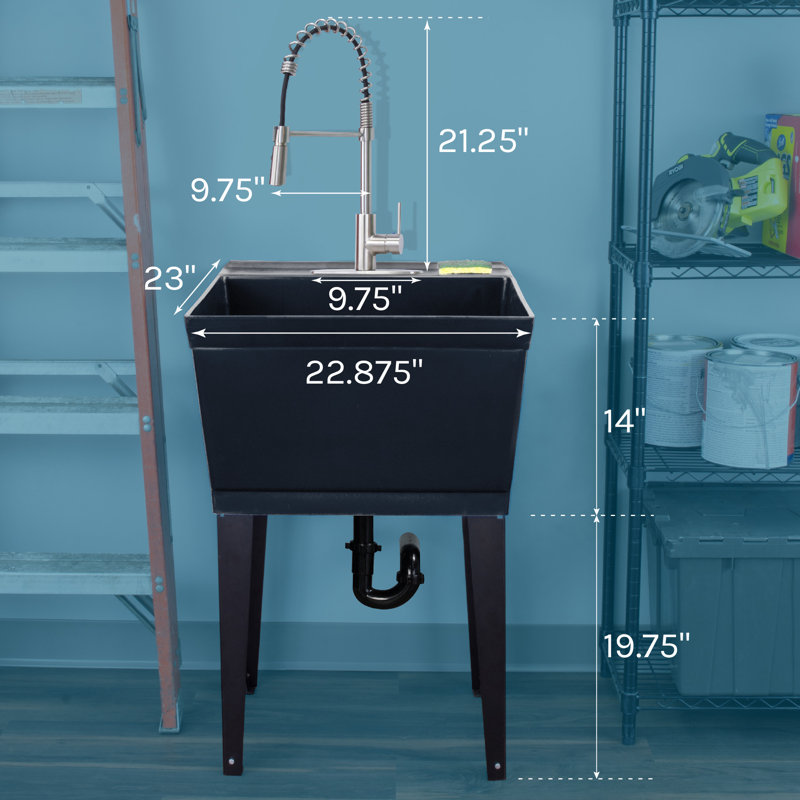 22.875 In. X 23.5 In. 19 Gallon Thermoplastic Utility Sink Set With High-Arc Coil Pull-Down Faucet, Black, Stainless Steel