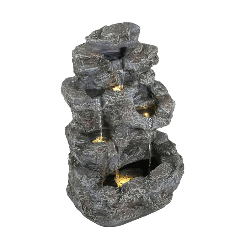 5-Tiered Concrete Tall Slim Fountain, 23.85"H –LED-Lit Column, Space-Saving Modern Outdoor Accent, All-Weather Resistant