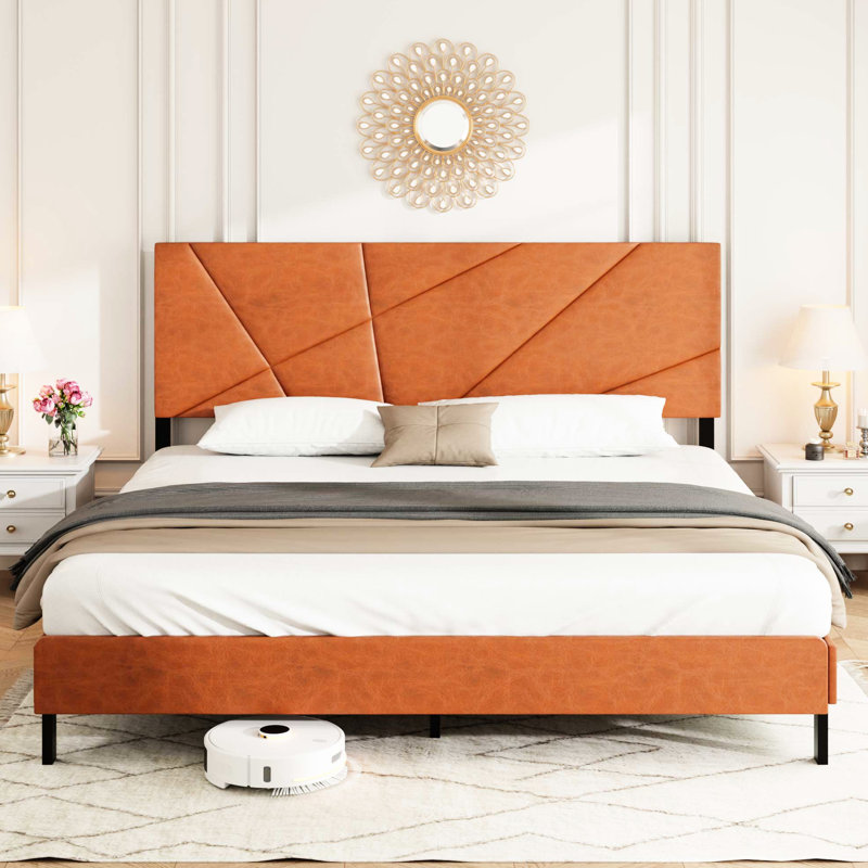 King Size Metal Platform Bed Frame, Vintage Brown, Upholstered With Headboard, Under - Storage, No Spring Loaded Mattress, Structure For Bedroom Box Required, And Quick To Assemble