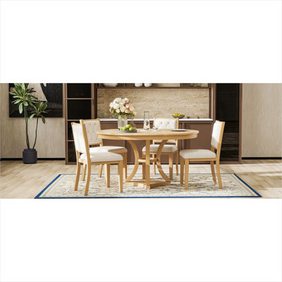 Light Natural Solid Wood 5-Piece Round Extendable Dining Set with 4 Upholstered Chairs, Vintage Style for Kitchen
