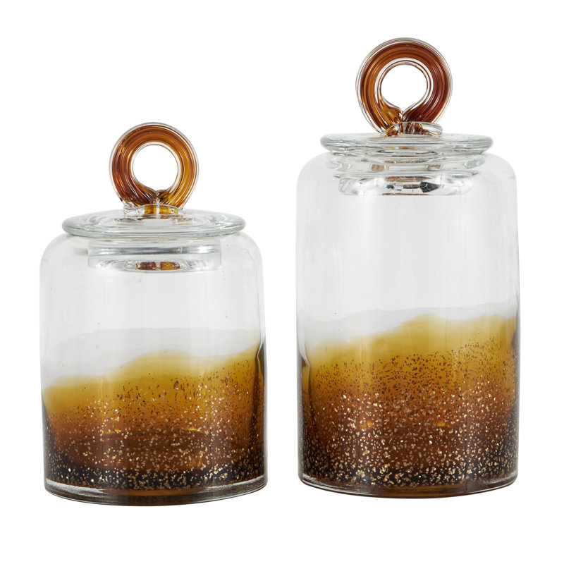 Ensemble de pots décoratifs faits à la main en verre avec détails de paillettes dorées et couvercles d'anneaux, Brun