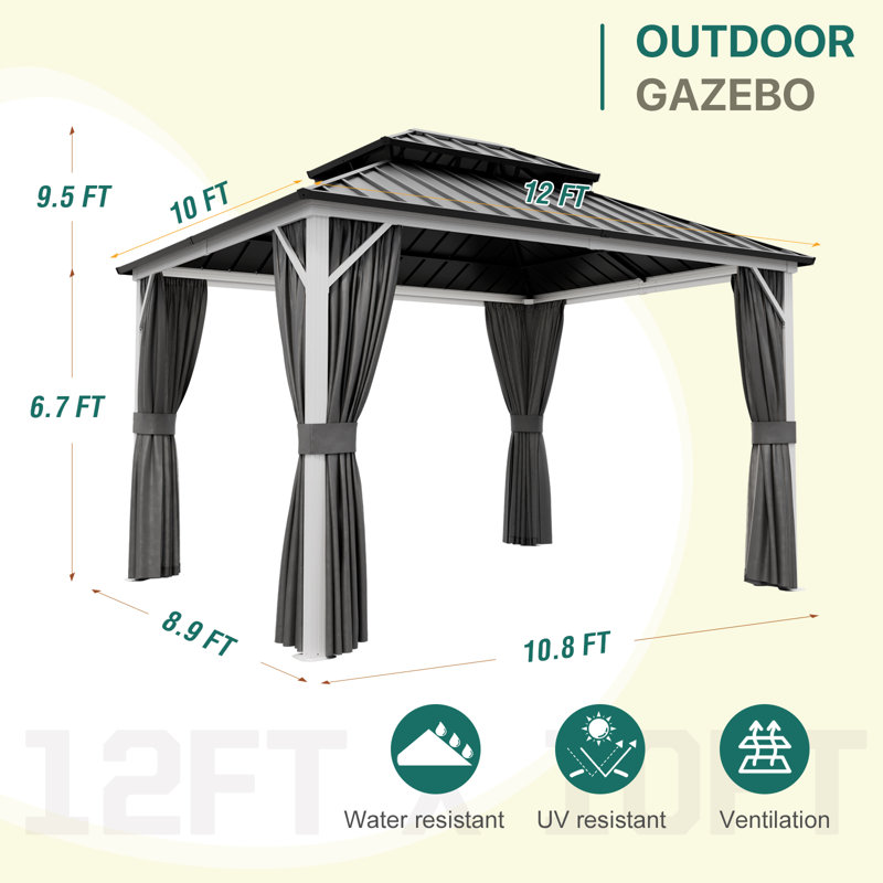 10 x 12 FT Hardtop Aluminum Gazebo with Double-Layer Steel Roof, Outdoor Patio Gazebo with Mosquito Netting, Privacy Curtains & Ceiling Hooks