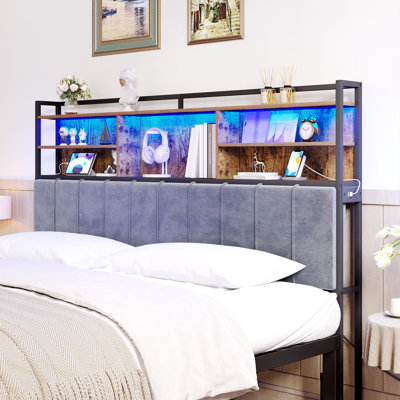 Headboard with 3-Tier Storage Shelves, Velvet Upholstered Head Board with 2 Outlets, USB Ports & LED Light, Soft Backrest
