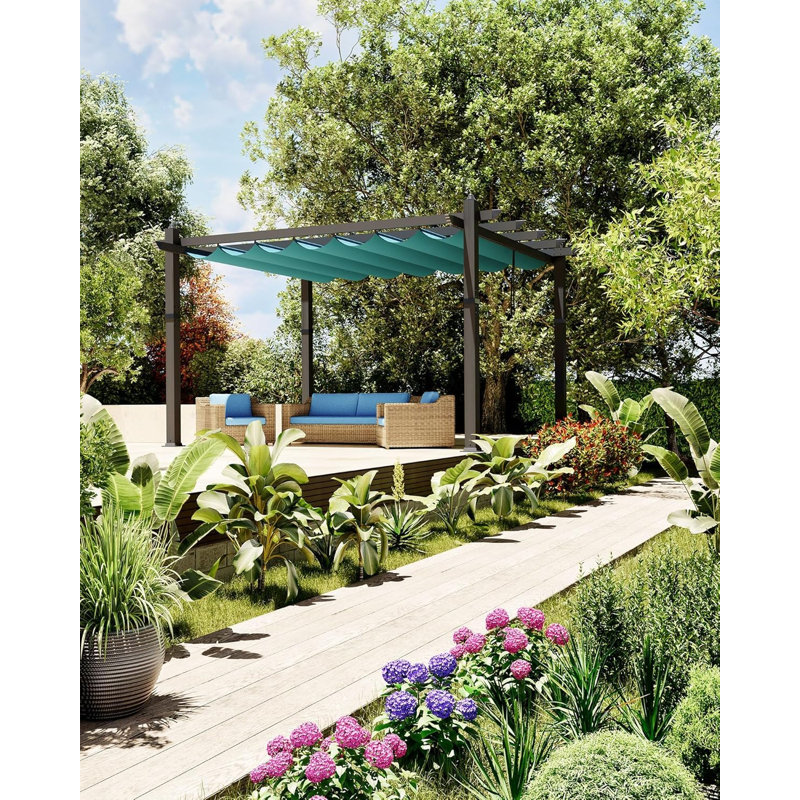 Pergola à auvent rétractable en aluminium, pavillon d'extérieur moderne avec finition grain de bois, imperméable, UPF 50+
