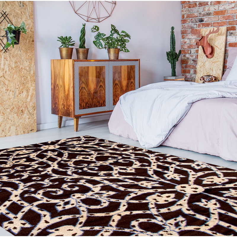 Tapis brun foncé en laine noué à la main Evaldas, Rectangle 5 pi 6 po x 7 pi 9 po