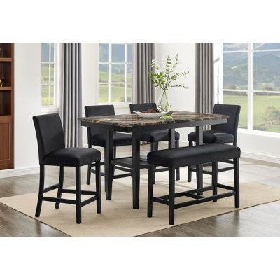 Ensemble de salle à manger rectangulaire 6 pièces, hauteur comptoir, style moderne du milieu du siècle, en faux marbre et bois massif, noir et or, avec étagère de rangement.