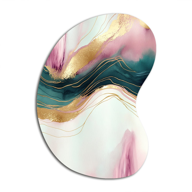 Géode abstraite marbre rose et vert III - Décoration murale irrégulière en forme de flèche, H 31 po x l 22 po