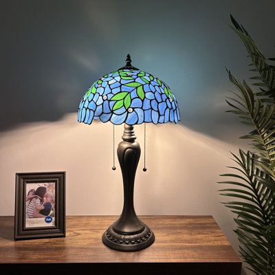 Hallmar Tiffany Table Lamp Blue Stained Glass Green Leaves Included LED Bulbs 22" H*12"W