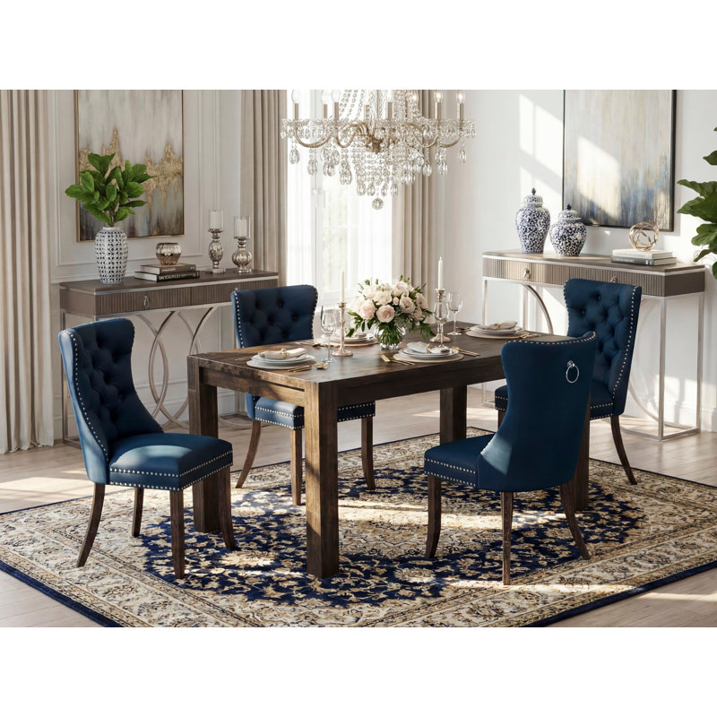 5 Piece Modern Dining Set Contains a Rectangle Rustic Wood Kitchen Table and 4 Polyester Fabric Upholstered Chairs, 36x60 Inch, Distressed Jacobean