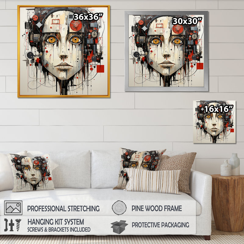 Robotic Minimalisme Portrait - Robot grand art mural, Toile tendue, H 24 po x l 24 po x P 1 po