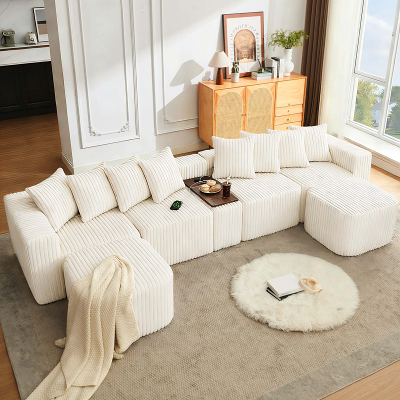 Canapé modulaire surdimensionné en U de 137,5 po, équipé de charge USB et sans fil, table basse avec porte-gobelet et repose-pieds mobile, sans assemblage requis, conception en velours côtelé 6 places, beige