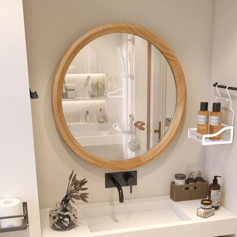 Miroir mural rond en bois naturel