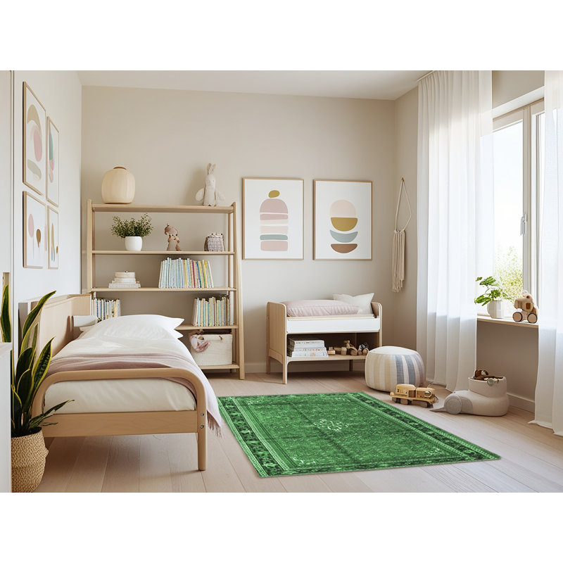 Tapis oriental en laine / polyester tissé à la machine en vert / noir / ivoire, Rectangle 4 pi x 6 pi
