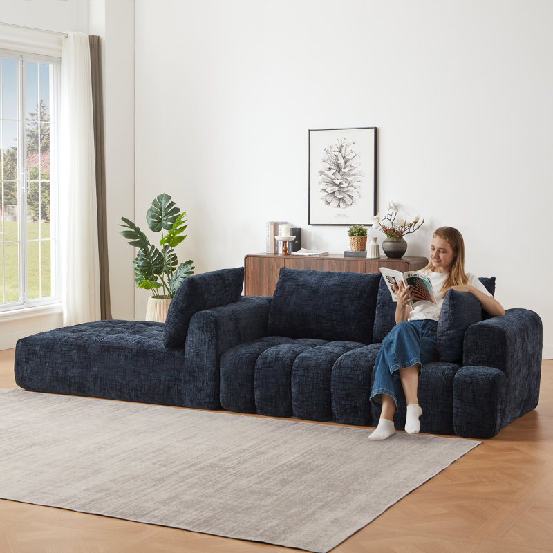 Chenille L-shaped Luxury Oversized Sectional Sofa – Minimalist Tufted Sleeper Couch For Living Room, Dark Blue Chenille