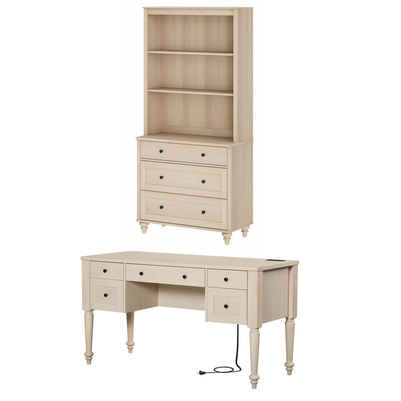 2 - Piece Office Set, 56" Executive Desk & Bookcase With Drawers, Beige, Beige